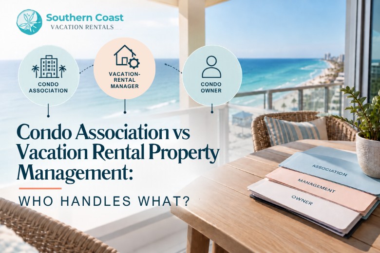 Condo association vs vacation-rental property management, showing the roles of the condo association, vacation-rental manager, and condo owner in a beachfront condo setting.